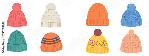 Knitted Winter Hats Vector. Colorful Beanies and Warm Headwear Collection for Cold Season
