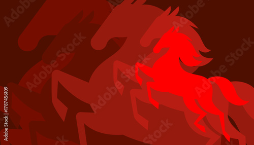 A Composition with Silhouettes of a galloping Horses in Red Tones. Year of the Horse vector illustration