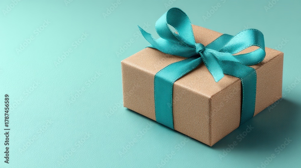 Obraz premium Kraft gift box with teal ribbon ajar