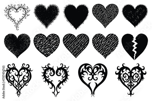 Collection of black heart shapes with diverse textures and styles