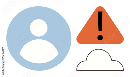 Person icon, cloud outline, and orange caution triangle with exclamation mark. Ideal for user management, security alerts, data storage, account issues, digital threats, access control simple flat