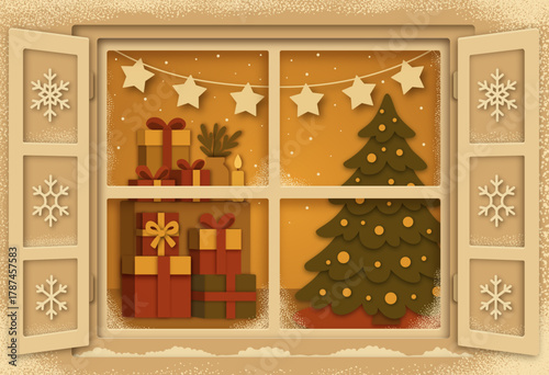 Christmas illustration of store display window with tree and gifts in paper cut style