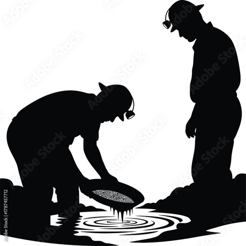 gold miners are sifting gold with a sieve Vector illustration  