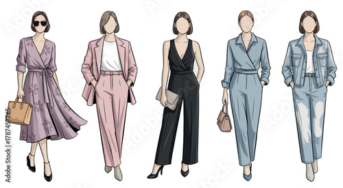 Fashionable Women Outfits. Trendy Clothing, Elegant Dresses, and Seasonal Apparel Collection