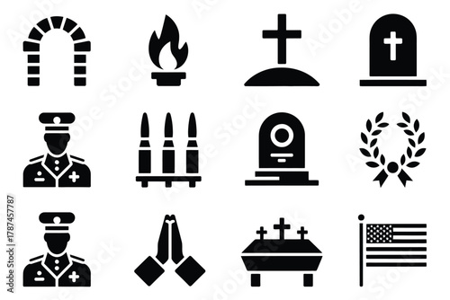 military funeral icons including flag, cross, saluting soldier, and memorial symbols. Perfect for remembrance graphics, veteran tributes, and patriotic illustrations.