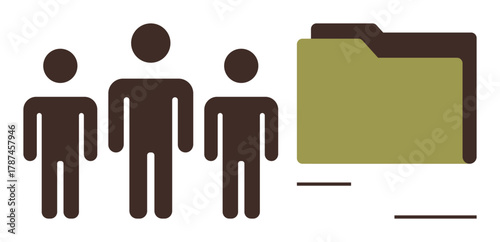 Three human figures stand beside a green file folder, symbolizing teamwork, collaboration, document sharing, and data organization. Ideal for teamwork, file sharing, data management, archives