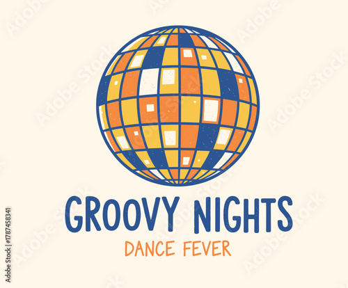 Groovy Nights Dance Fever. Retro Disco Ball Badge. Vintage Party Illustration. Funky Mirror Sphere Icon. 70s Music Event Poster