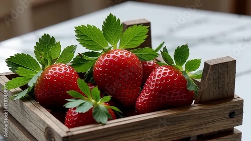 Fresh ripe strawberries nestled in a rustic wooden crate, bursting with natural sweetness.