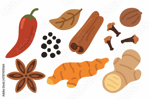 Spices Collection in Flat Hand-Drawn Style for Culinary Illustration