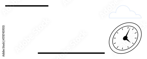 Clock tilted with a cloud and two horizontal lines suggesting movement. Ideal for productivity, schedule, punctuality, time tracking, planning, deadline, simplicity. Modern simple flat metaphor