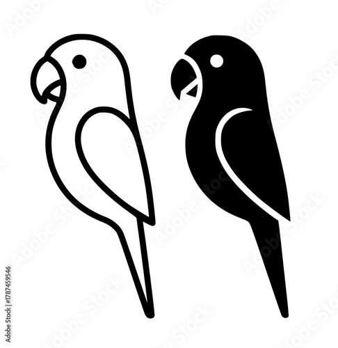 Minimalist icon, parrot vector, black and white, outline and silhouette