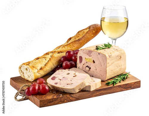  French Foie Gras Terrine with Wine Glass, Grapes, and Rustic Wooden Board