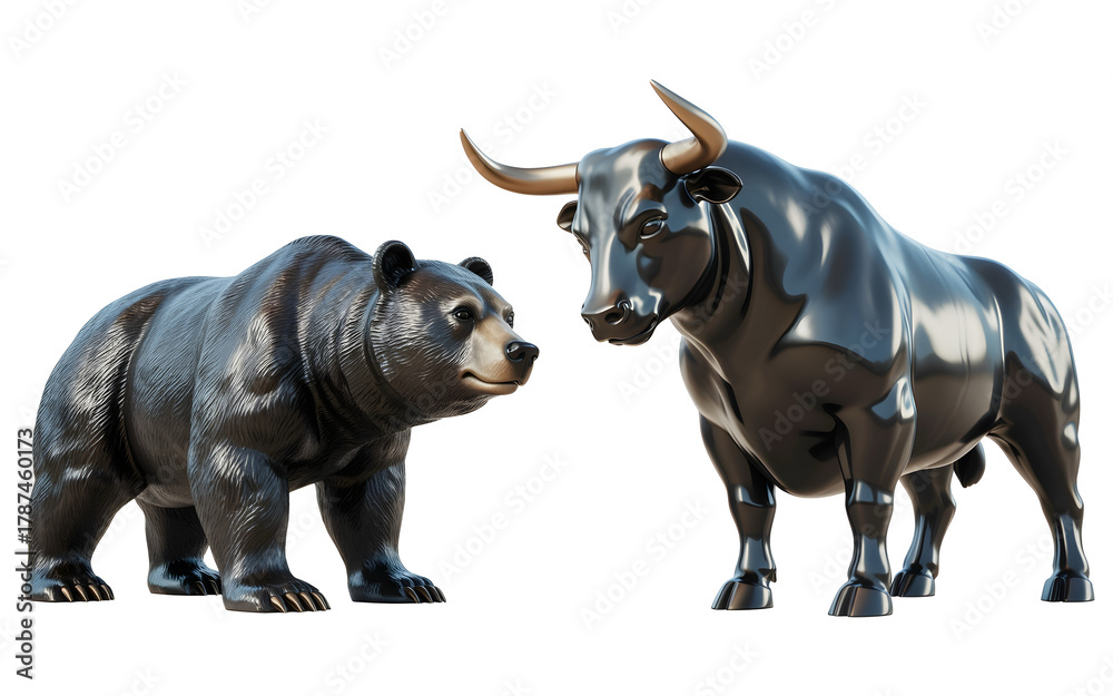 Fototapeta premium Bull and Bear Market: A captivating composition, the symbolic representations of a bull and a bear stand face to face, embodying the dynamic nature of market forces and financial fluctuations.