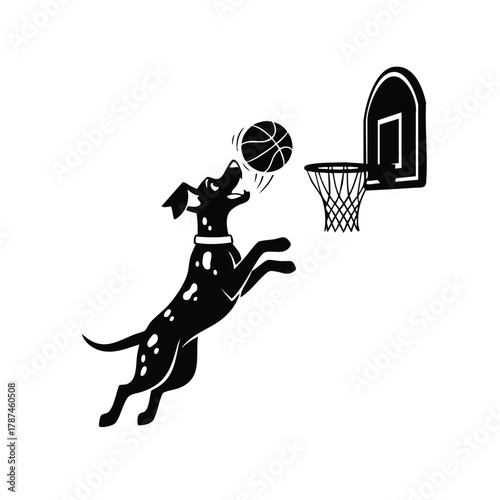 Dalmatian dog is playing basketball with black and white spots near basket sport game