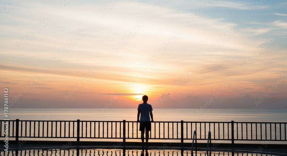 Fototapeta premium A young man stands by the pool and watches the sunset over the ocean