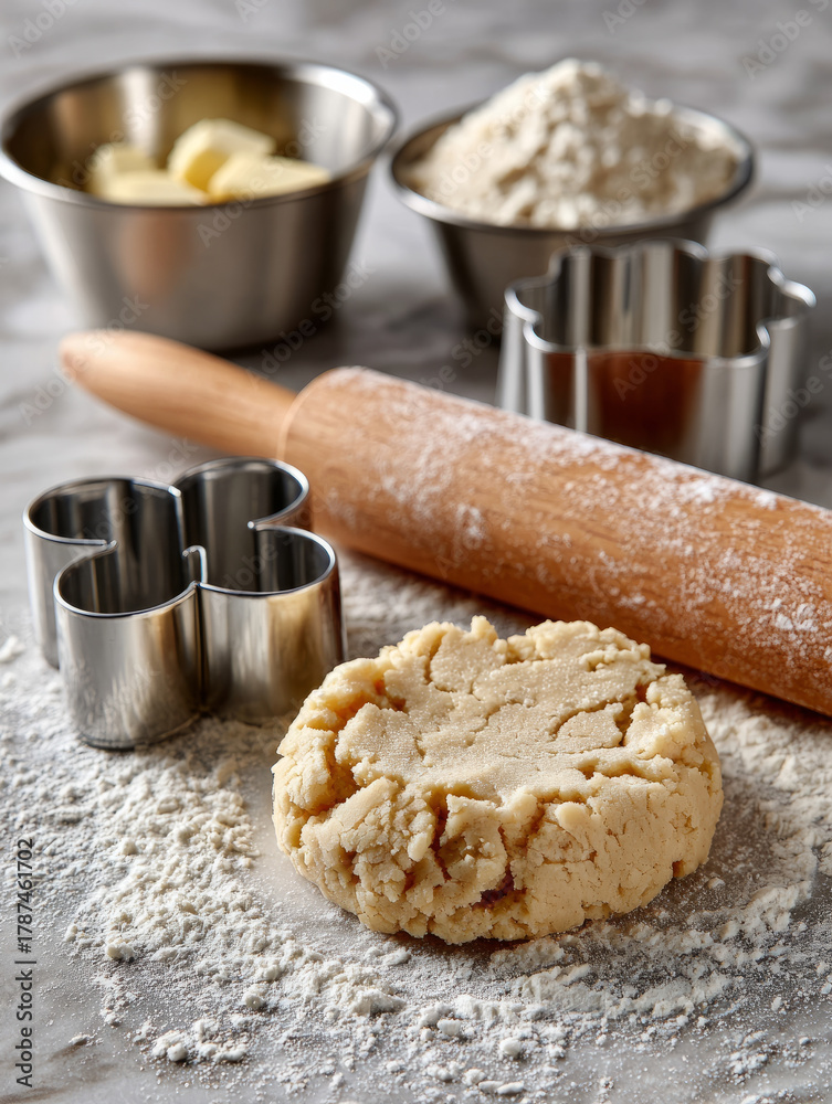 Fototapeta premium Baking setup with dough, rolling pin, and cookie cutters.