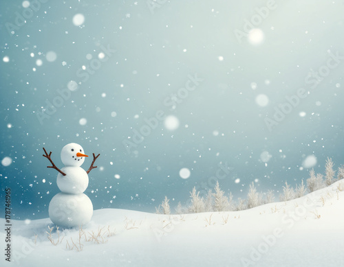 Cute snowman with twig arms and carrot nose stands in a snowy winter landscape under heavy snowfall with vast copy space and a tranquil, festive mood.