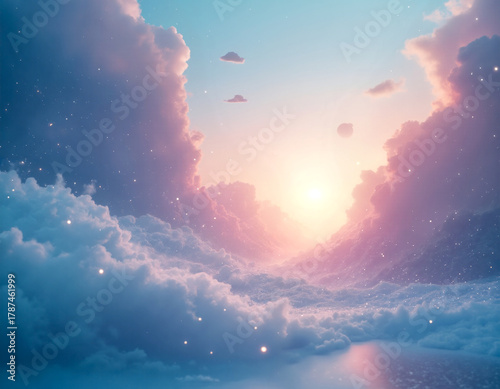 Dreamy, vibrant sky with soft pink and blue clouds, glowing sunset or sunrise light, glitter, and a serene, mystical atmosphere.