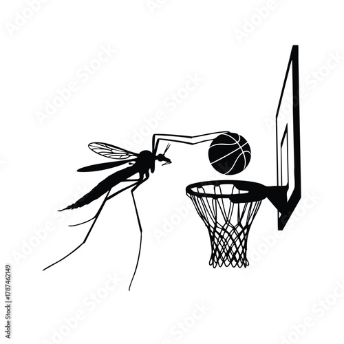 Mosquito insect playing basketball flies toward basket silhouette vector design