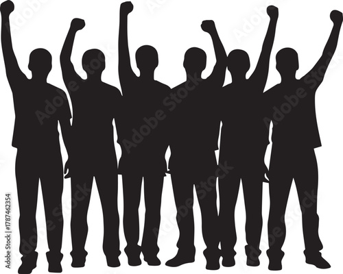 Diverse group of people silhouettes raising fists in celebration and unity