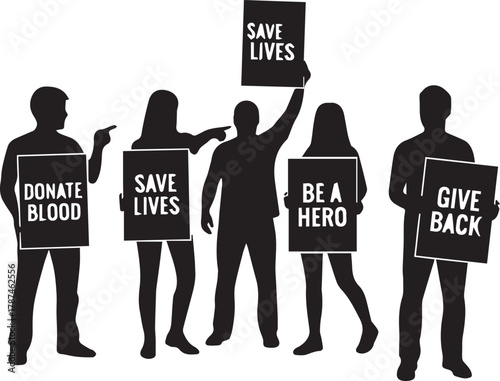 Diverse group holding signs promoting blood donation and heroic acts for community good