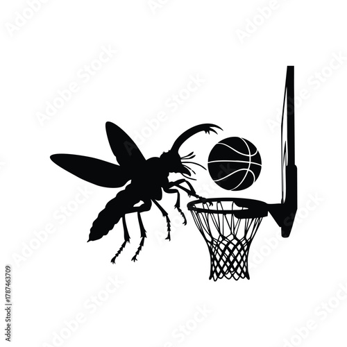 Stag beetle playing basketball above basketball hoop concept vector graphic