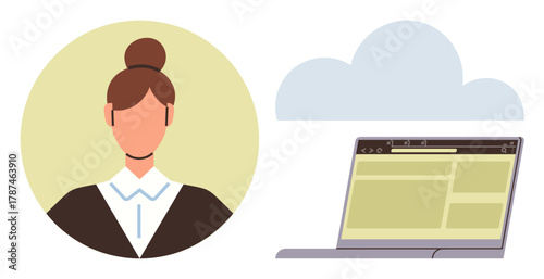 Woman profile with bun hairstyle beside open laptop displaying web interface and nearby cloud shape. Ideal for technology, remote work, business, communication, cloud storage, networking, digital