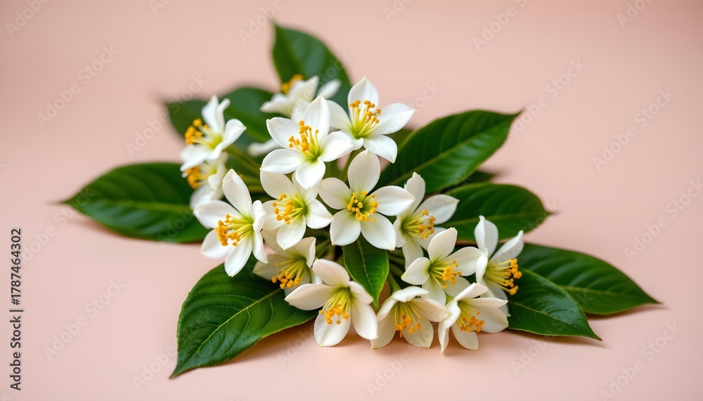 Obraz premium Delicate White Flowers with Green Leaves Arranged on Soft Pink Background for Natural Beauty and Floral Design Inspiration