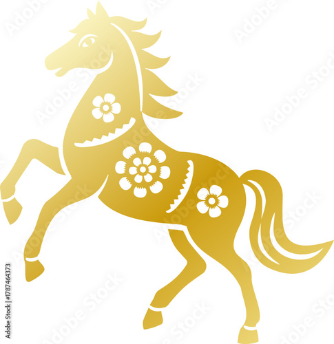 Golden gradient paper cutting Horse Design.
Chinese Zodiac flat vector Illustration.
Chinese Lunar New Year Zodiac Horse Silhouette isolated.
Transparent Background.