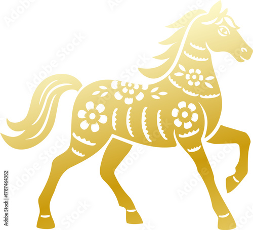Golden gradient paper cutting Horse Design.
Chinese Zodiac flat vector Illustration.
Chinese Lunar New Year Zodiac Horse Silhouette isolated.
Transparent Background.