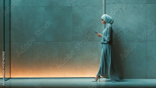 Woman in modest attire using a mobile phone beside a modern wall