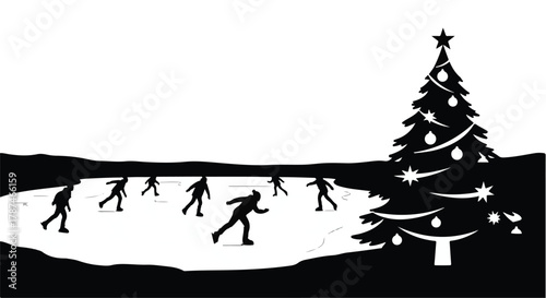 Joyful skaters enjoy a festive winter day on an ice rink with a decorated Christmas tree.