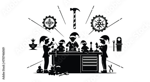 Elves busily crafting toys at a workshop, celebrating the holiday season with festive cheer.