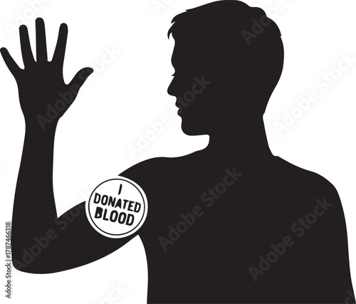 Silhouette of a man showing his arm with a 'i donated blood' sticker symbolizing donation and health