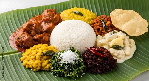 A colorful serving of traditional Sri Lankan rice and curry with dhal chicken curry and sambol on a banana leaf