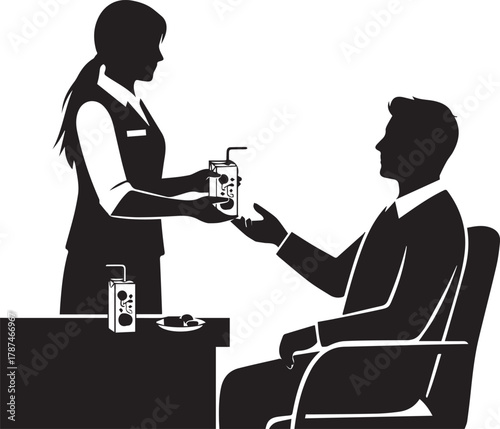 Server handing a drink to a customer sitting at a desk in a professional setting silhouette