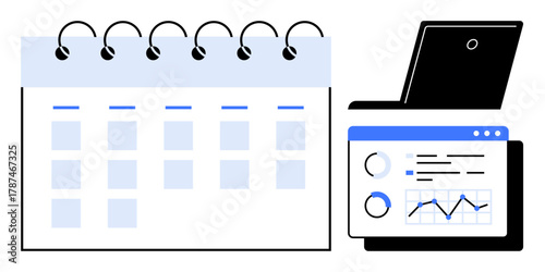 Spiral calendar for scheduling alongside a laptop screen displaying data charts and graphs. Ideal for productivity, time management, data analysis, business planning, organization, workflow, simple