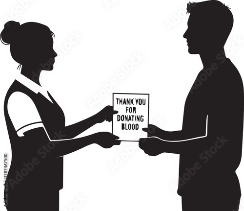 Woman in silhouette gives 'thank you for donating' card to man in silhouette side view