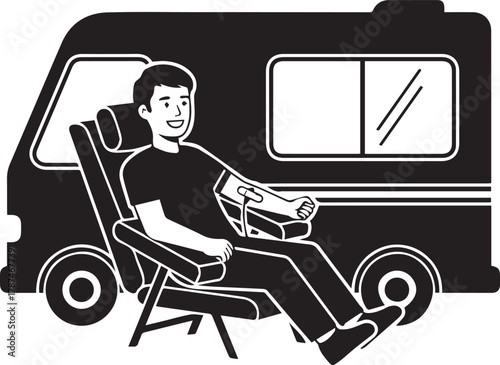 Man relaxing in chair outdoors next to camper van enjoying nature and freedom