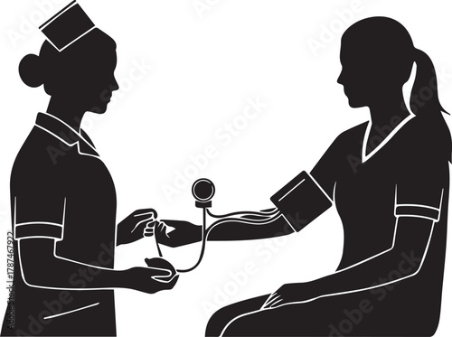 Nurse measuring patient blood pressure silhouette professional healthcare medical checkup procedure