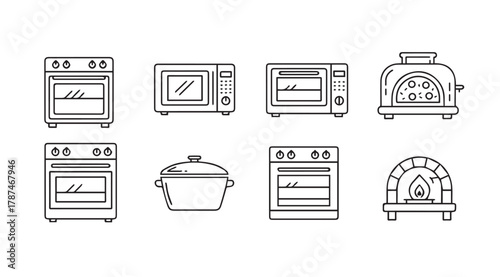 Collection of kitchen appliance illustrations in a simple line drawing silhouette style