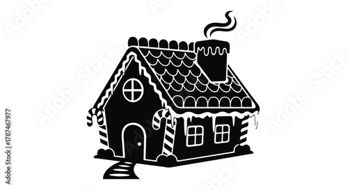 Whimsical gingerbread house with smoking chimney and festive candy canes, perfect for holiday themes.