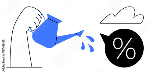 Arm holding a watering can pouring water onto a percentage speech bubble near a cloud. Ideal for finance, growth, investment, savings, business development, productivity, simple flat metaphor