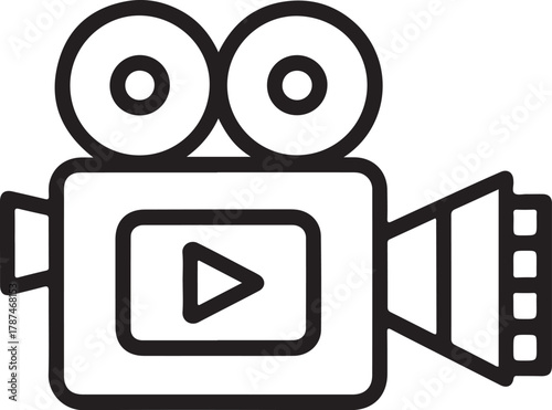 Simple outline icon of a vintage movie camera with play button