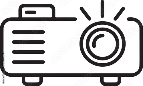 Simple line art icon of a digital projector with light rays