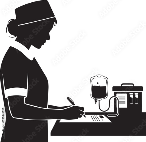 Nurse in silhouette attending to medical equipment and charting patient information