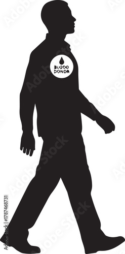 Silhouette of a man walking confidently forward with a circular badge on his chest