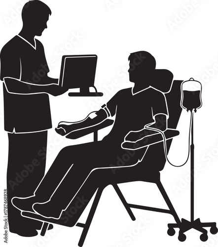 Medical professional assists patient during blood donation procedure in silhouette