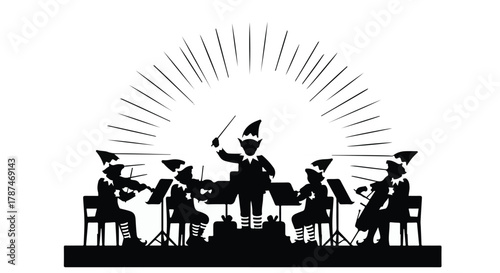 Joyful elves conduct and play music together, creating a festive holiday symphony.