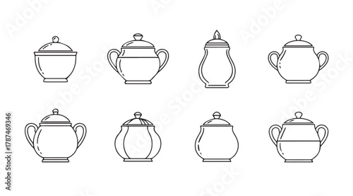 Collection of vintage sugar bowl and creamer silhouettes in a sketchy style